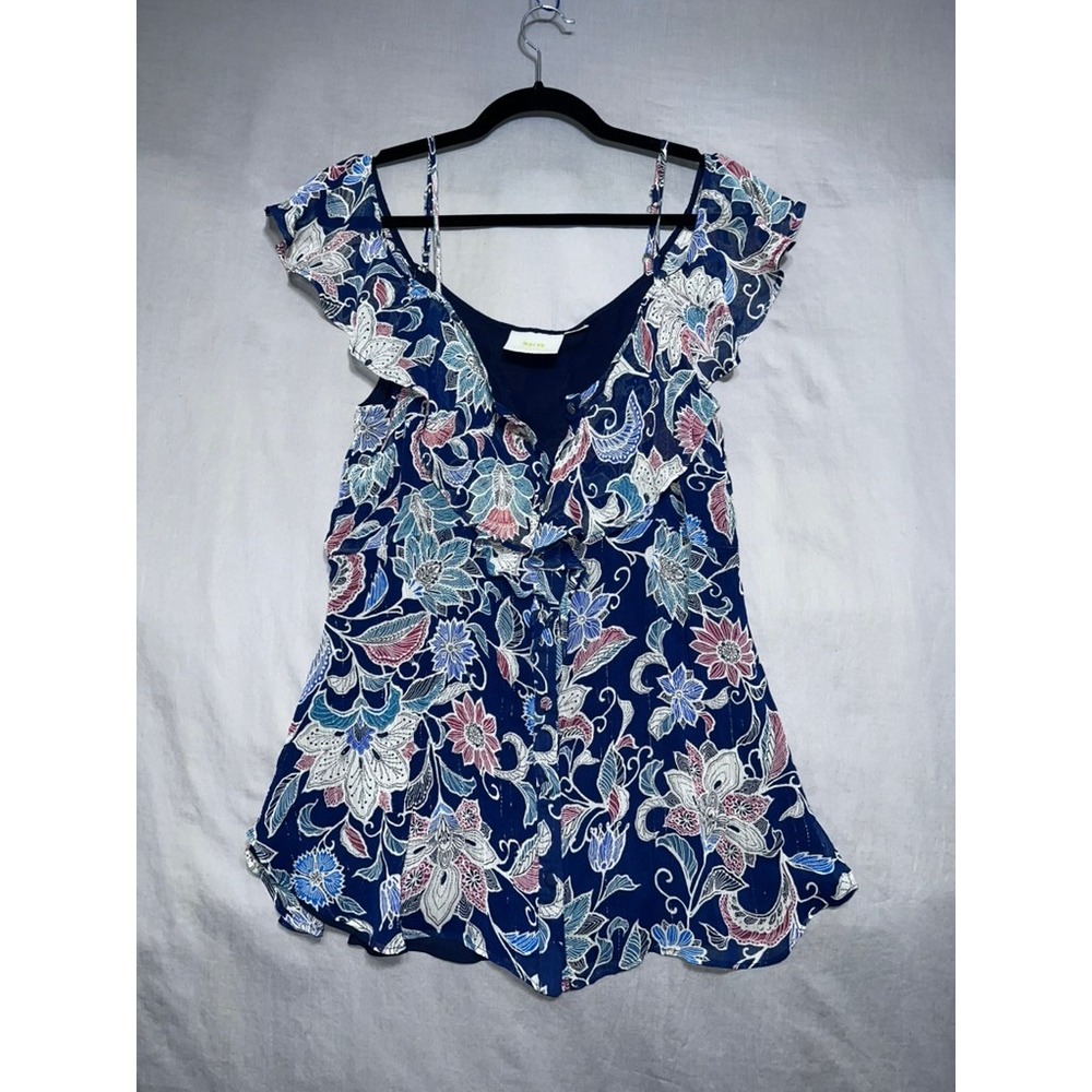 Maeve Anthropologie Navy Blue Floral Cold Shoulder Ruffle Blouse Top Size 14